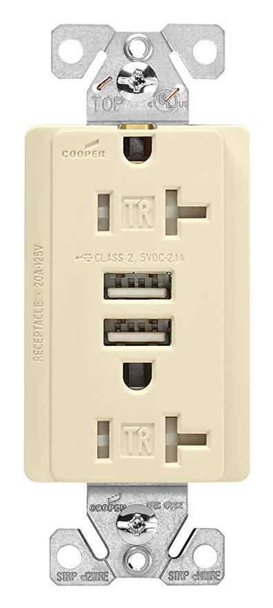 Eaton TR7756A-BOX 20 Amp 125V Combination USB 3.1A Charger with Duplex Receptacle, Almond