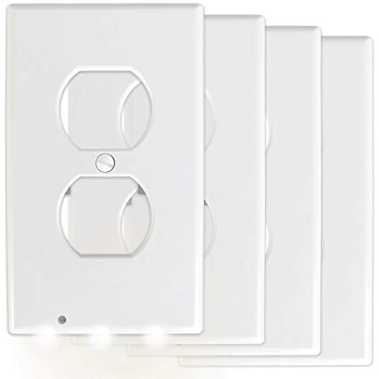 [NEW RELEASE - PREMIUM CONNECTORS] 4-Pack KCC Industries Outlet Wall Plate With LED Night Lights - No Batteris Or Wires - Installs In Seconds (Cool Bright White Lights)