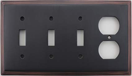 Oil Rubbed Bronze Deco Step Style Four Gang Switch Plate - Three Toggle Light Switch Openings One Duplex Outlet Opening